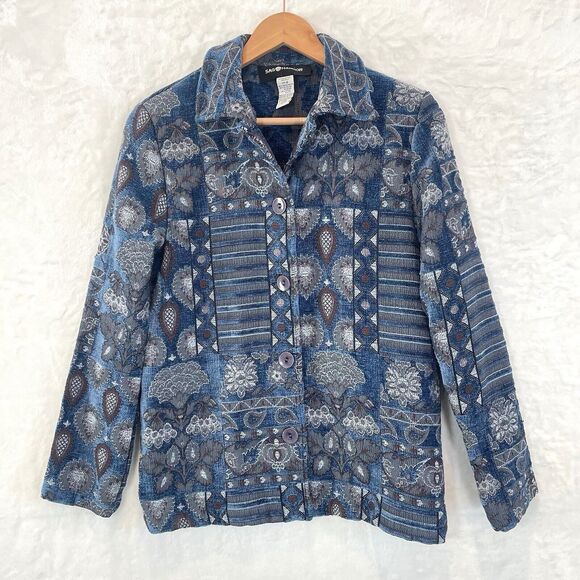 Vintage Sag Harbor Jacket Blue Gray Tapestry Woven Textured Womens 6 - Picture 2 of 7